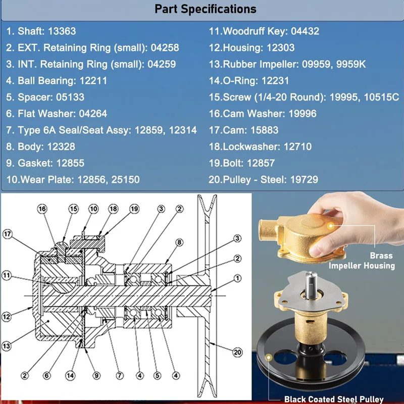 RA057007 Raw Sea Impeller Water Pump For Ford Marine 5.0, 5.8, 351, 302 Replaces for Sherwood Pleasurecraft , PCM , Jabsco