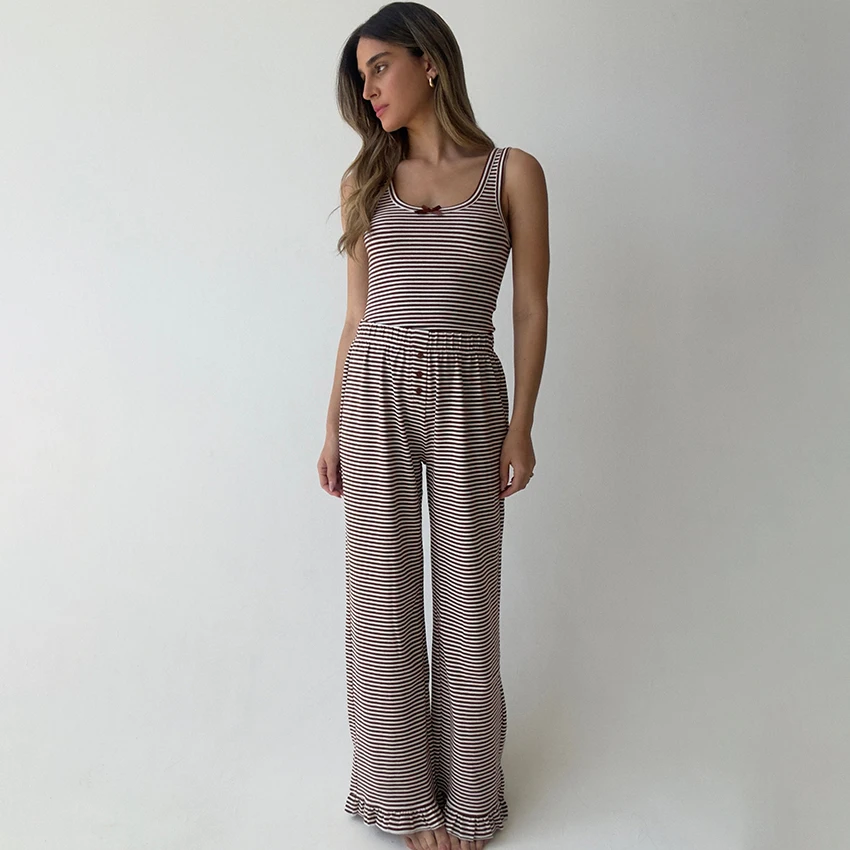 

Hiloc Summer Casual Stripe 2 Piece Home Elastic Waist Pants With Spaghetti Strap Vest Fashion Funny Bow Tops Sets 2025 Pajamas