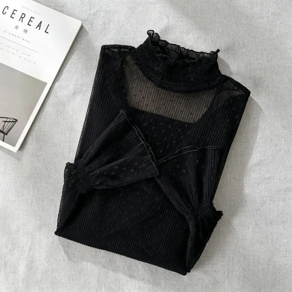 See Through Shirt Women Korean Japanese Ulzzang Seoul Daily 시스루 Black Lace Trim Neck Long Sleeve Sheer Mesh Polka Dot Lady