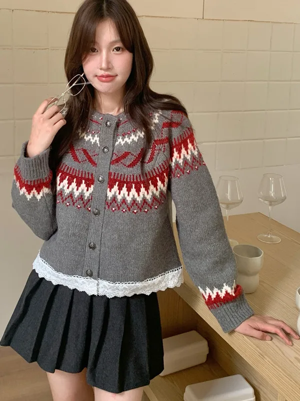 Retro Feel Fair Isle Trim Knitted Sweater Jaet Women Single Button Color Blo Long Sve Knitted Top for Women
