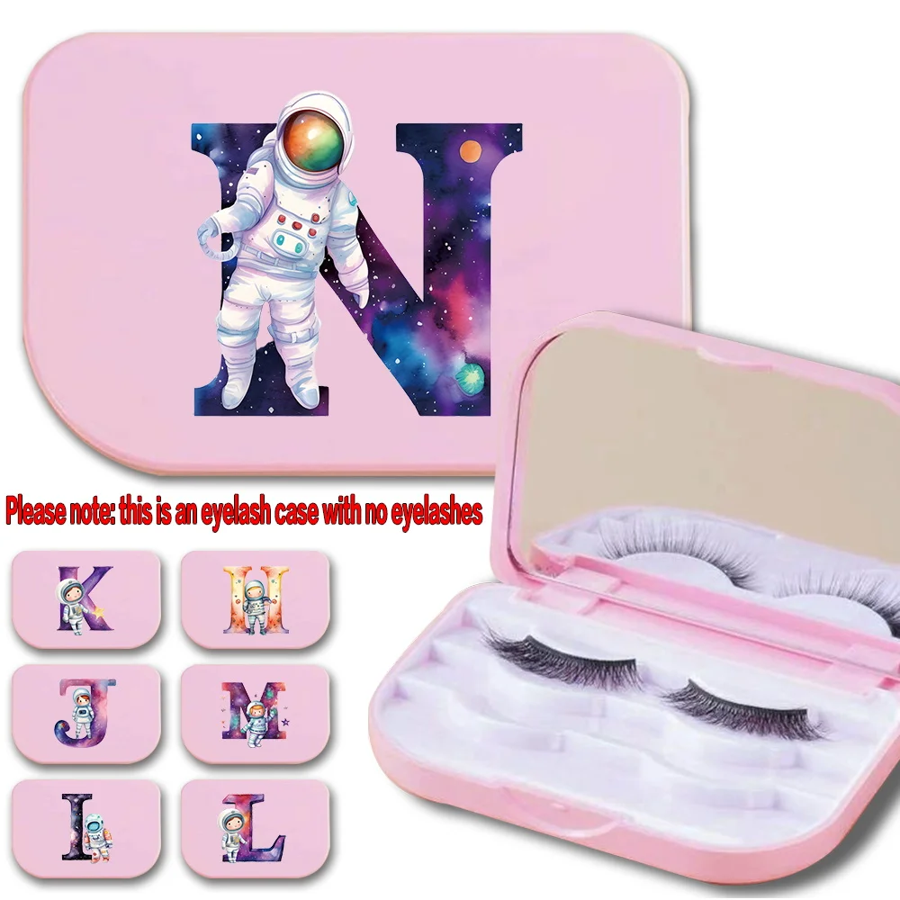 

Portable False Eyelashes Storage Box With Mirror Three Layer False Eyelash Case Travel Accessories Astronaut Letter Pattern