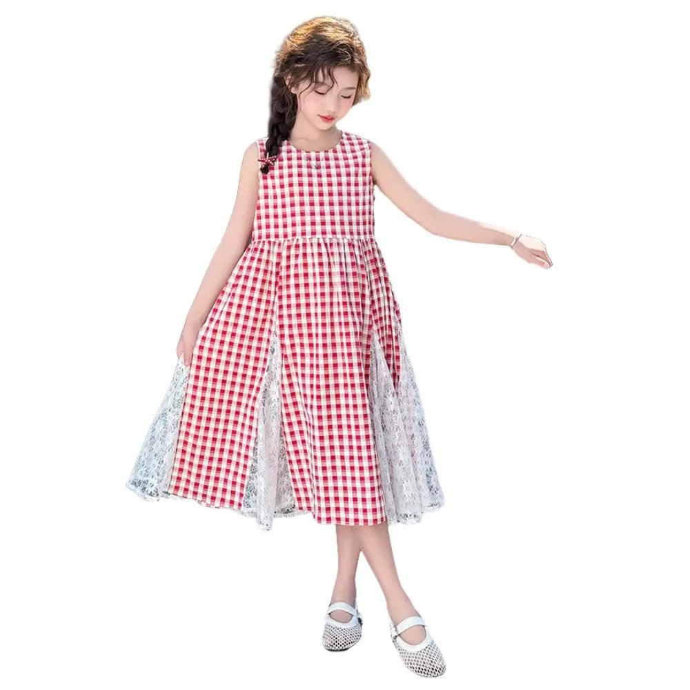 

Round Neck Children Plaid Dress Princess with Mesh Lace Flower Grid Long Dress Loose Casual Girls Patchwork Skirt Girls