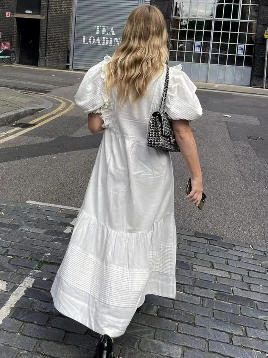 

Lace Ruffles Casual Midi Dress 2023 Summer Button Lantern Sleeve Female Vestidoes Elegant Chic Streetwear Vintage Woman Dresses