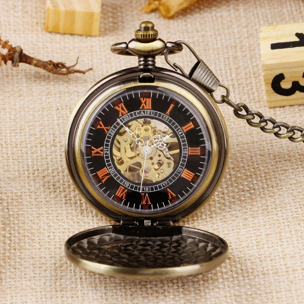 Retro Bronze Train Steampunk Mechanical Pocket Watch Men Metal Pendent Chain Classic Hand-Wind Vintage Pocket Fob Filp Watches