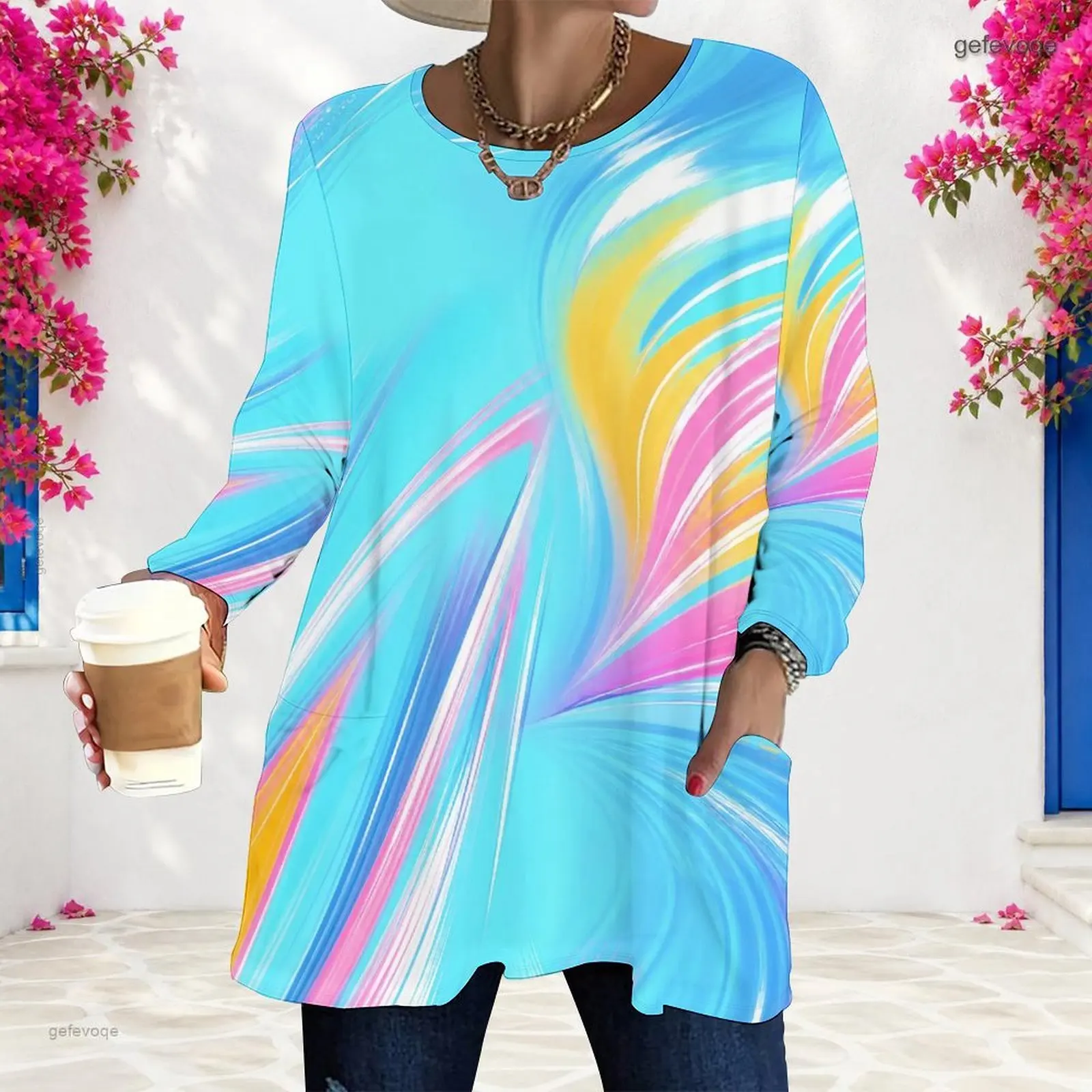 Women Colorful Abstract Swirl Printed Round Neck Long Sleeve Loose Top with Pockets