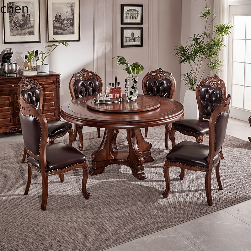 ZC black walnut 1.3/1 meters all solid wood round dining table and chairs combination