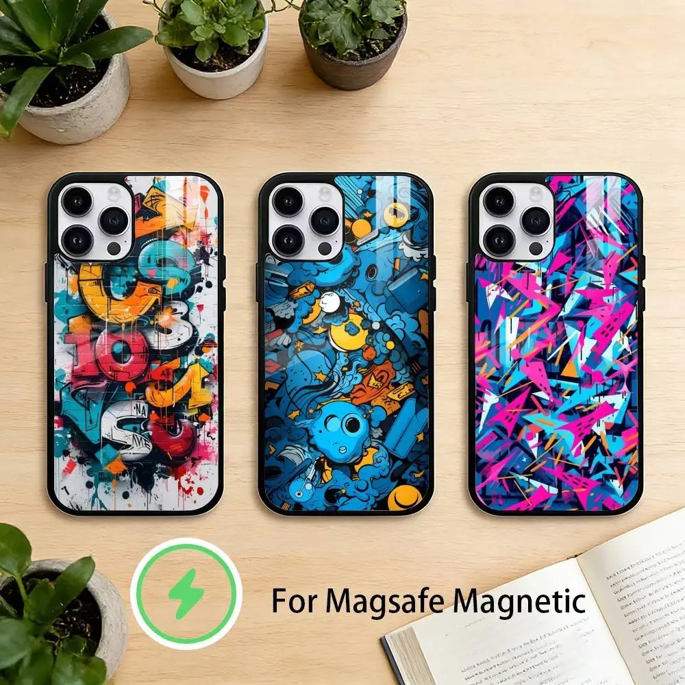 

Cool C-Colorful Graffiti Phone Case For iPhone 17 16 15 14 13 12 Pro Max Plus for Mirror Wireless Magnetic Cover