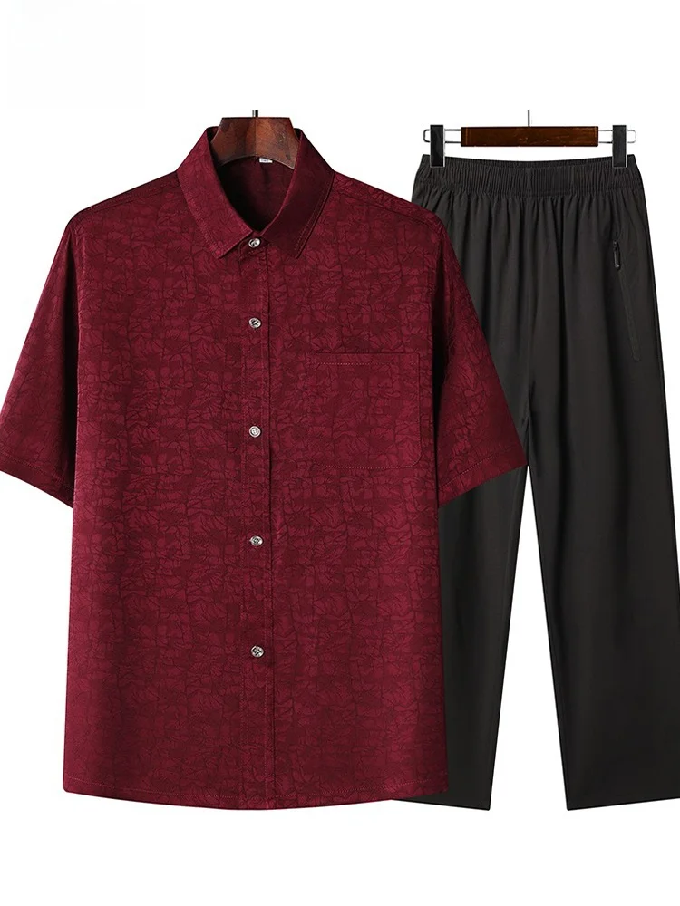 

Lightweight Ice Silk Short Sleeve Shirt Set for Middle-Aged Men Fashionable Loose Fit True Silk Shirt Dad Summer Clothing