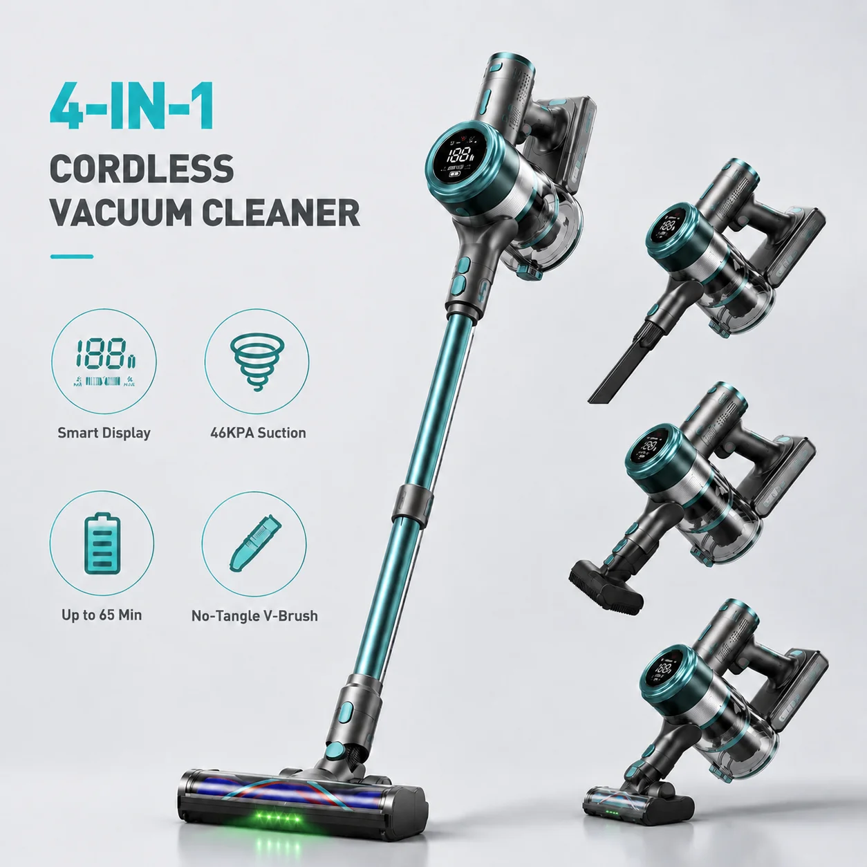 Wireless Stick Vacuum, 46KPA Powerful Suction, Smart Digital Display, No-Tangle V Brush for Carpet, Hardwood Floor&Pet Hair