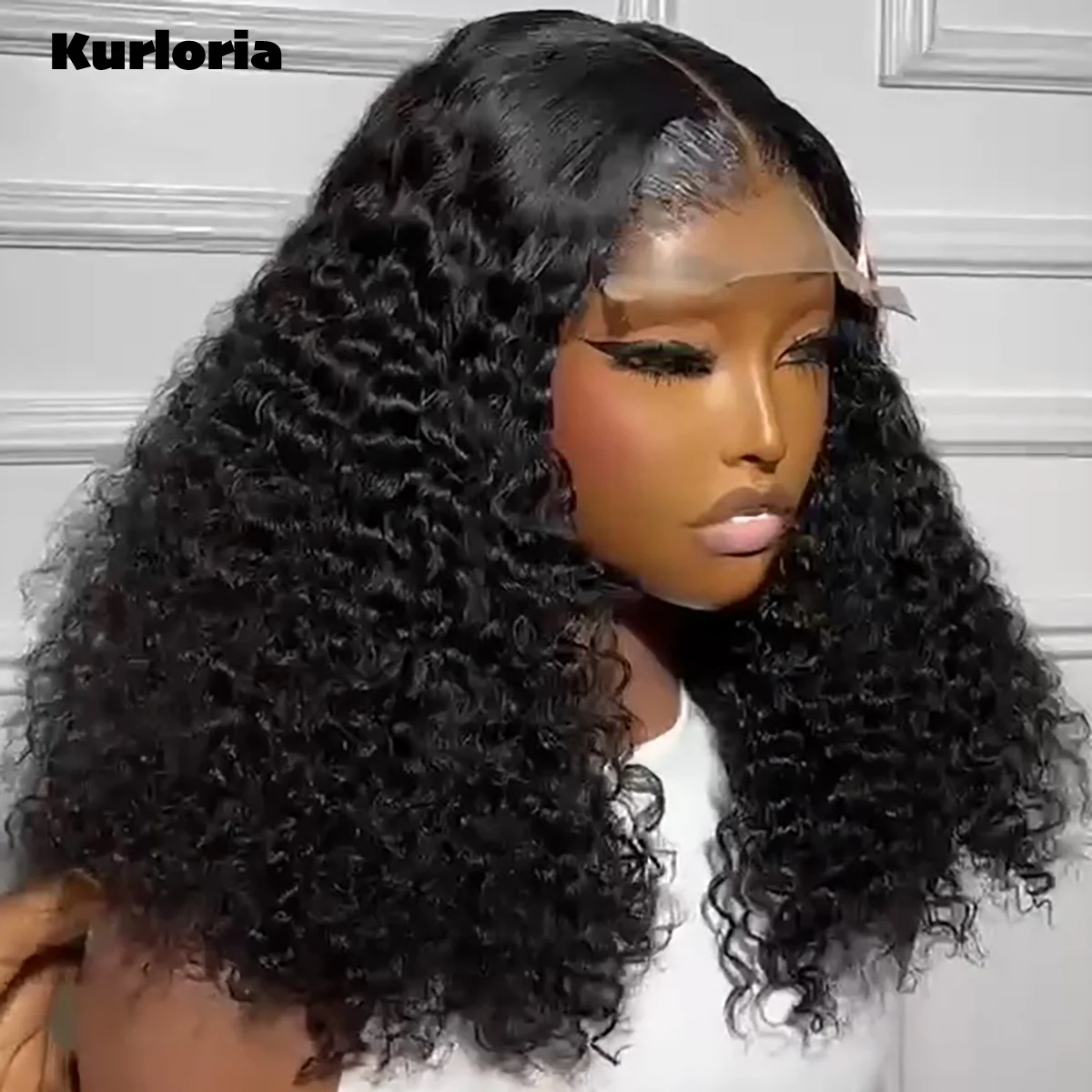 100% Human Hair Glueless 300 Density Curly Bob Lace Front Wig Natural Black 13x6 HD Lace Front Wear and Go Wig Pre-plucked