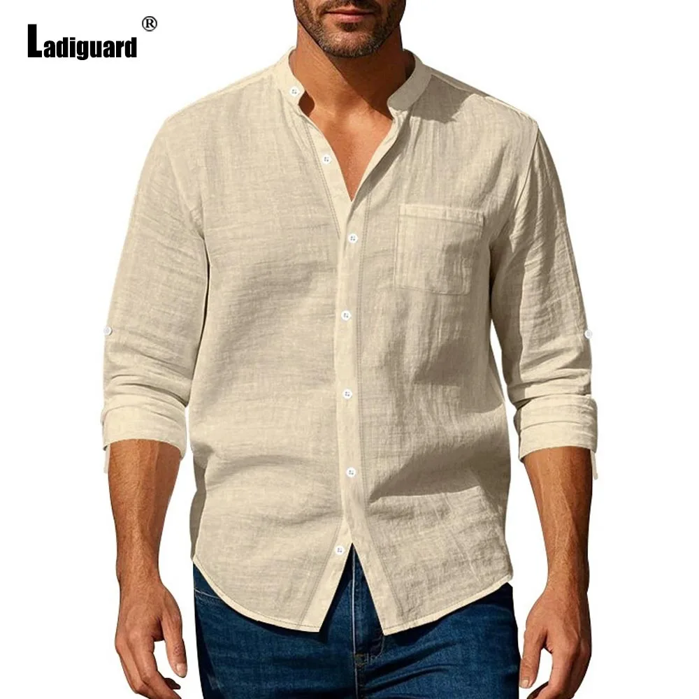 Plus Size 3xl Mens Casual Linen Shirts Clothing 2026 Single-Breasted Shirt Blouse Men Long Sleeves Vintage Basic Tops Outerwear