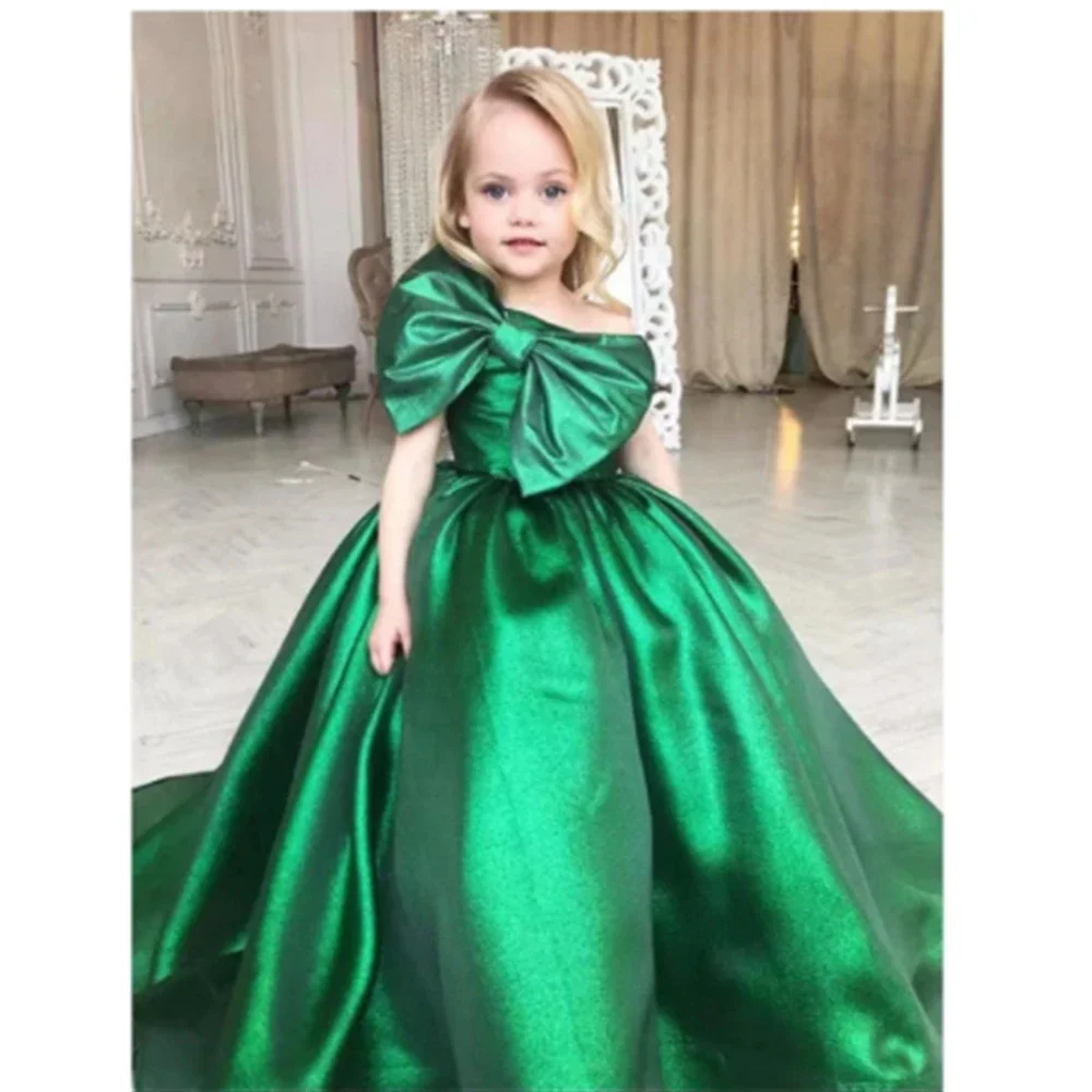 Green Long Flower Girl Dress For Wedding Satin Sleeveless With Bow Child Princess Birthday Party First Communion Ball Gowns