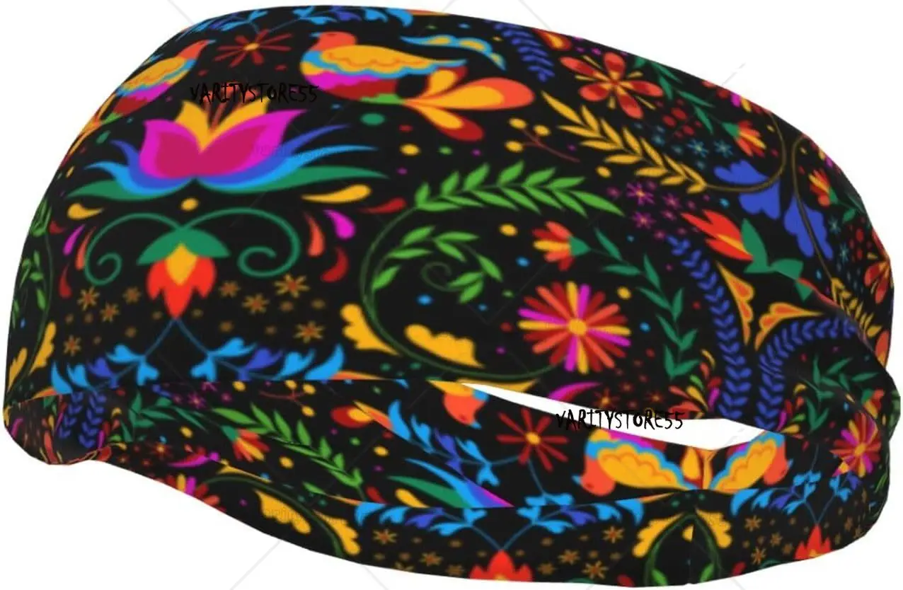 

Vintage Mexican Flower Print Sports Headband for Men Wome Reused Washed Mens Headband Sweat Bands for Running Fitness Workout