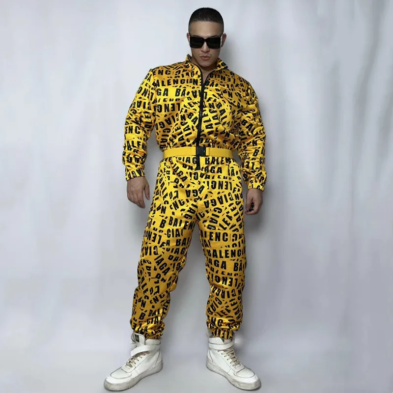 

Hip Hop Jazz Dance Costume Yellow Letter Printed Jumpsuit Zipper Overalls Men Stage Performance Wear Nightclub Gogo Rave Outfits