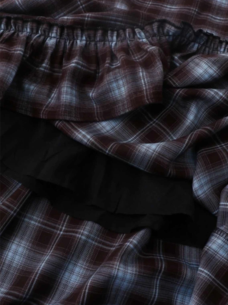 秋冬女性ダークアカデミアチェック柄ミディスカート原宿弾性ウエストスカート 2000 年代美的日本 Y2k 韓国ファッション新