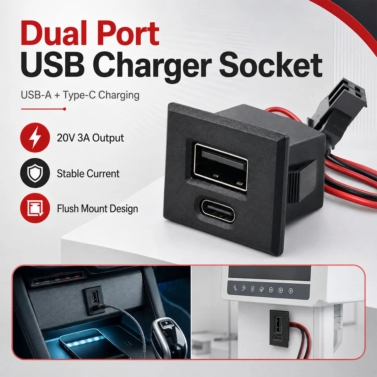 PINMOAP Car USB A USB C Flush Mount Charging Port Adapter 20V 3A Panel Power Outlet Socket With Cable for Auto Truck Boat SUV