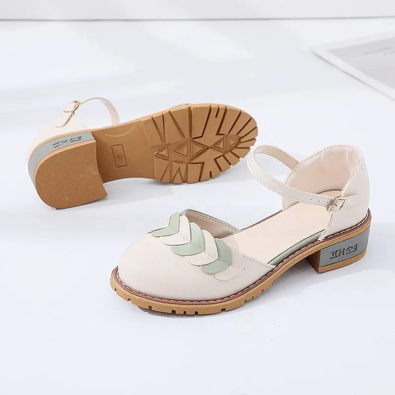 Footwear Closed Women\'s Shoes Buckles Sandals for Woman Outdoor Summer 2024 with Medium Heels Round Toe Tip Shoe Comfort Sale H