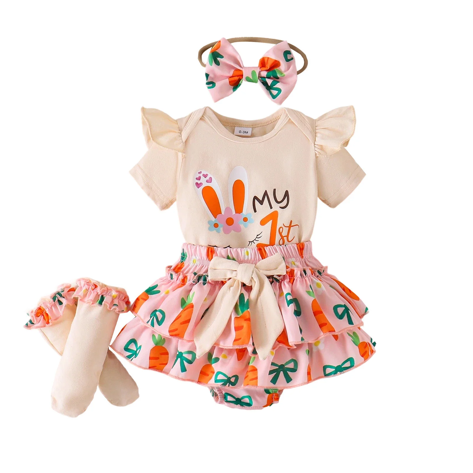 

Праздничный комплект для девочек на Пасху: комбинезон с рюшами, короткими рукавами, принтом кролика и надписями, панталоны-юбка, носки, набор для фотосессии