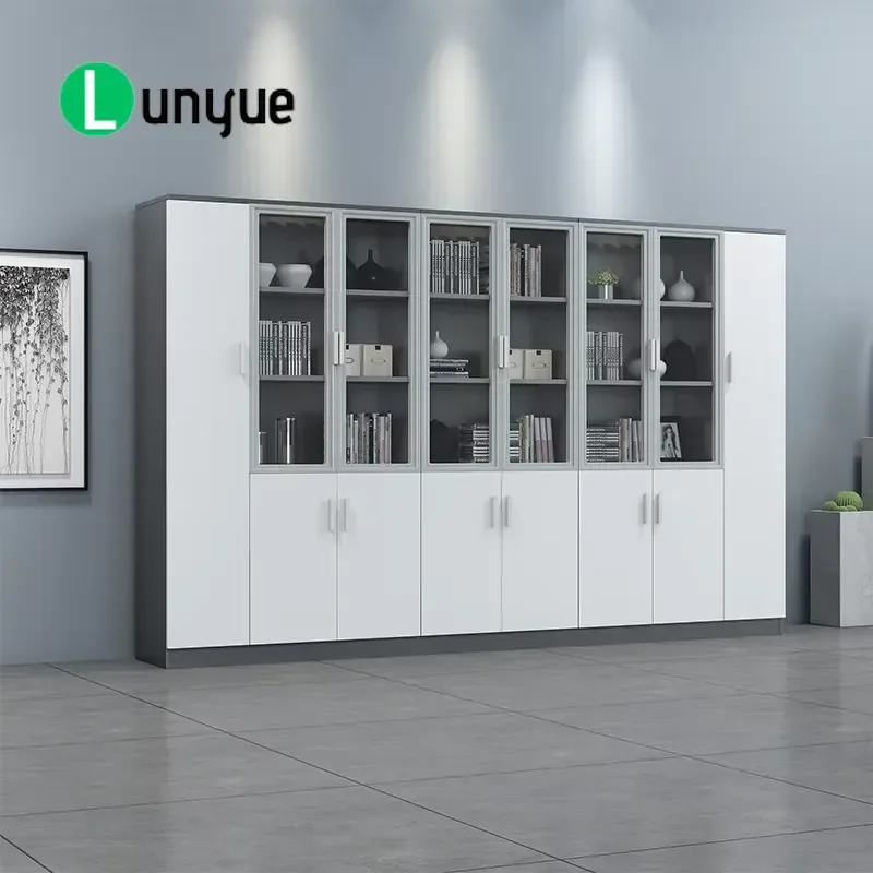 Wooden File Cabinet with Glass Door Lock Modern Floor to Ceiling Office Storage Locker for Documents and Supplies