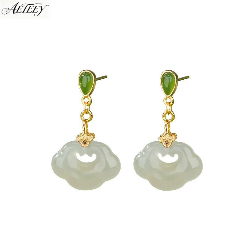AETEEY S925 Silver Natural Hetian Jade Ruyi Lock Earrings Elegant High Texture Women Vintage Ear Jewelry