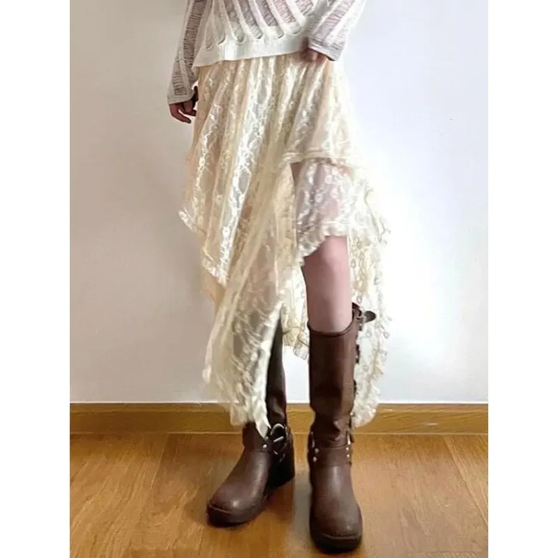 

Мягкие асимметричные кружевные юбки для женщин, летняя одежда, Cleanfit Sle, средняя талия, H-образный силуэт, ткань ПВХ, рукава «летучая мышь»