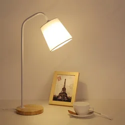 Drewniana na biurko lampa sztuka nordycka Iron LED 5W moda ochrona oczu ściemnianie tkaniny abażur lampa stołowa salon wystrój domu