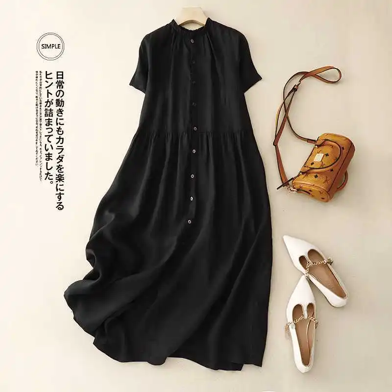 Summer Cotton Linen Maxi Dress for Women Solid O-Neck Short Sleeve Streetwear Single-breasted Long Dresses Party Vestidos Robe