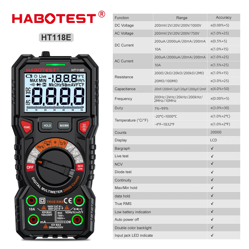 HT118E 20000 Counts TRMS Digital Multimeter Auto Range 1000V 10A AC DC Voltage & Current Ohm NCV Live Voltage Temperature Meter