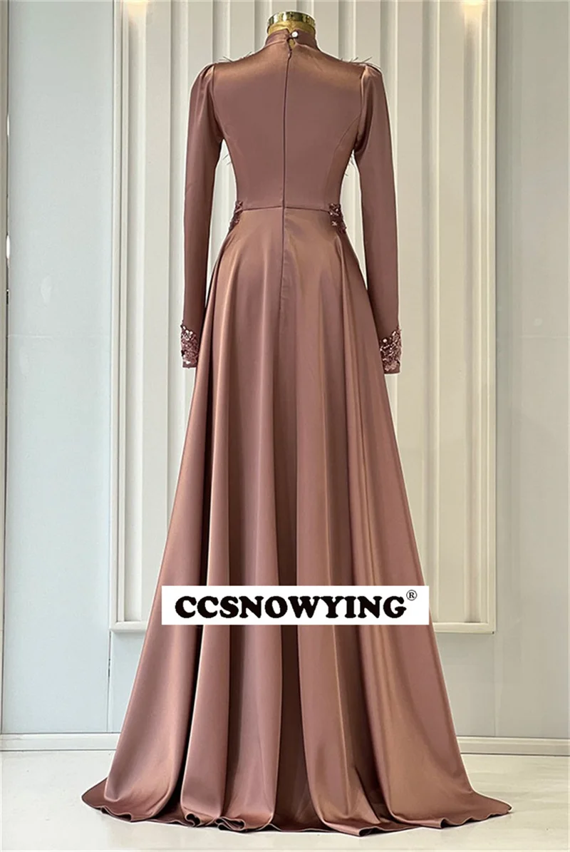 Appliques Feather Long Sleeve Muslim Evening Dresses Satin Hijab Islamic Formal Party Gown Arabic Dubai Women Robes De Soirée