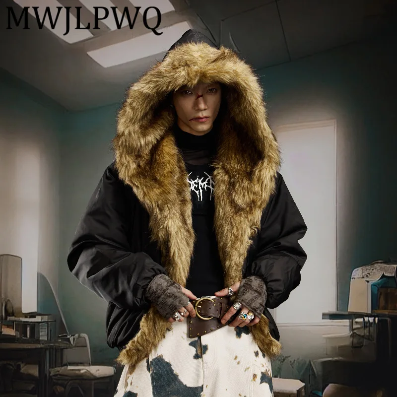 

MWJLPWQ Мужская уличная шляпа с большим воротником, свободная утолщенная куртка с мехом в стиле пэчворк, новое хлопковое пальто на пуговицах, теплое 12583