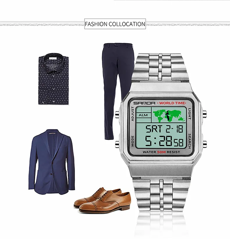 UTHAI L18 Jam Tangan Pria Jam Tangan Retro Bisnis 50M Kedap Air Multifungsi Jam Tangan Elektronik Teknologi Hitam Jam Tali Baja Modis