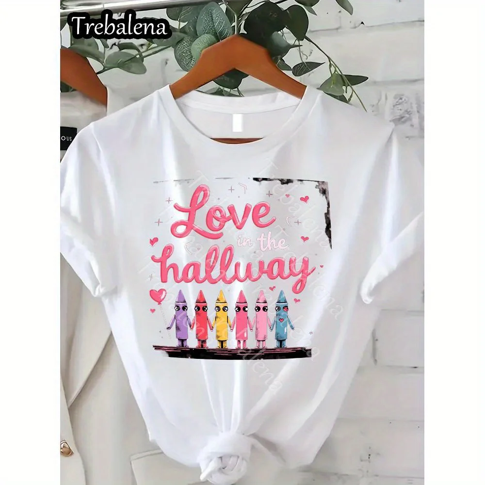

[Trebalena Graphic Tee]Comfortable Women's Oversized Print T-shirt Love in the Hallway Colorful Crayon Family Graphic Tee
