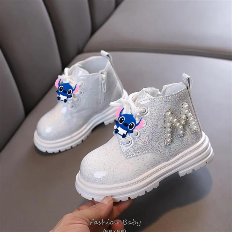 Boys Girls Single Boots Lilo And Stitch Beads Pink England Style Children Short Boots Baby Non-slip Wear-resistant Footwear