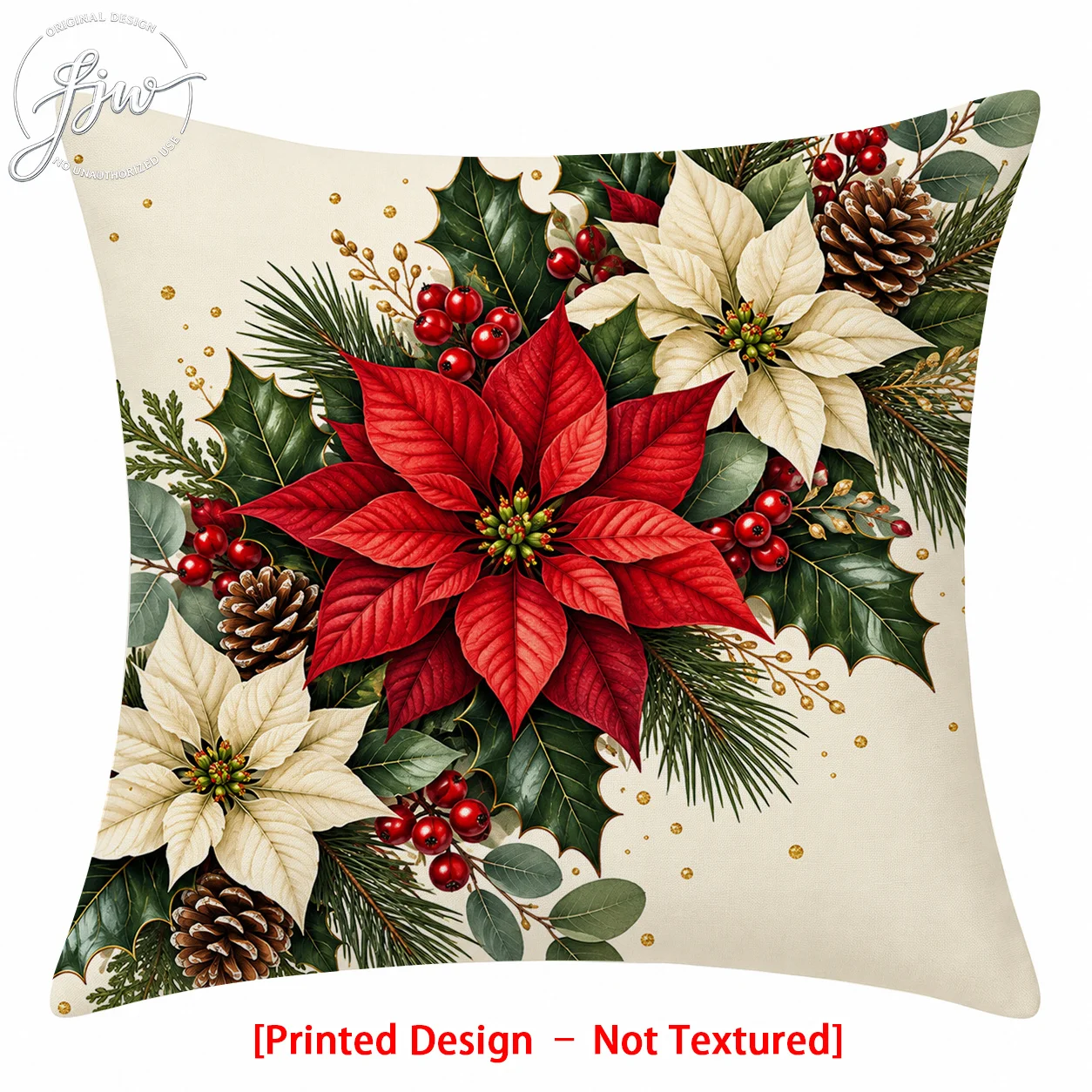 1pc Poinsettia Christmas Atmosphere Pillowcase Cushion, Featuring a Flat 2D Printing Process, a Light-toned Decorative Pillowcas