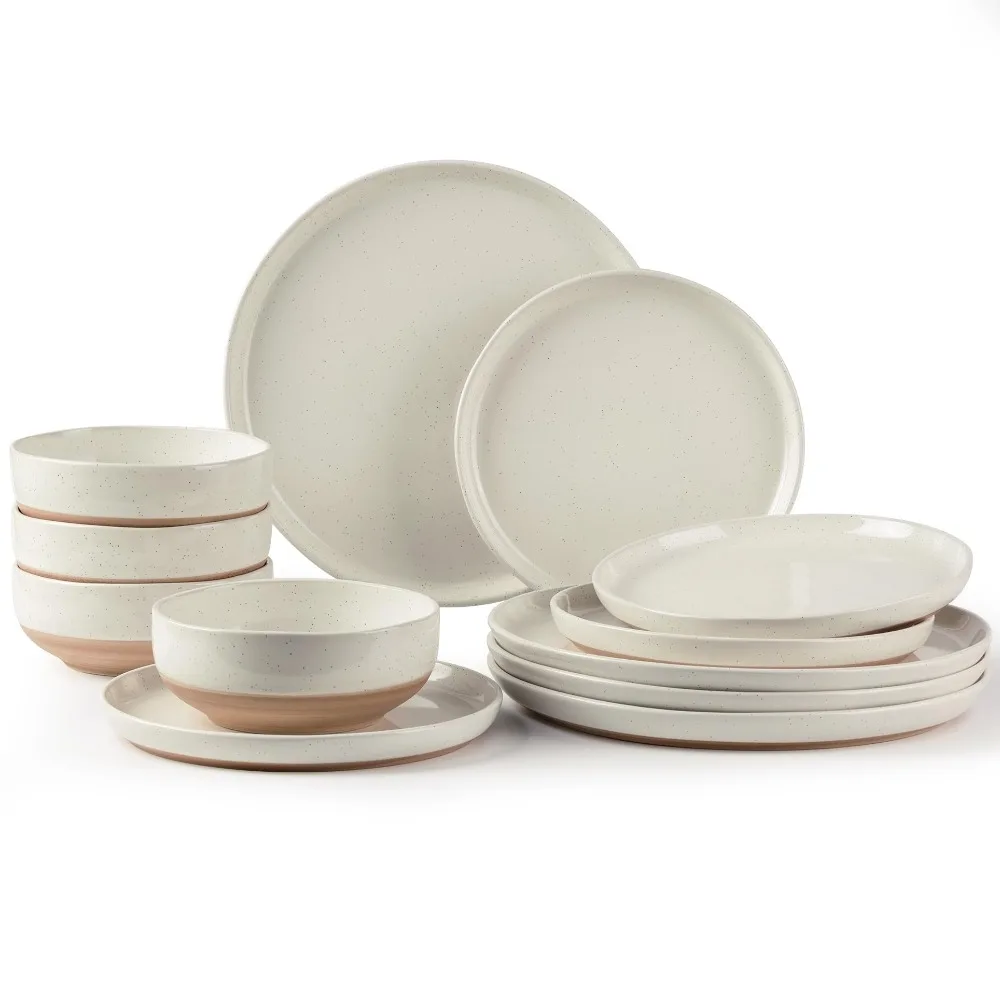 

Ceramic Dinnerware Sets for 4, 12 Pieces Handpainted Plates and Bowls Set with Rustic Terracotta Underside