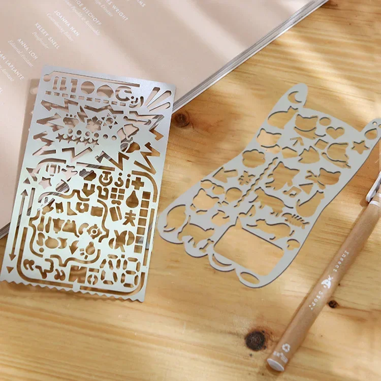 Multifunctional Stainless Steel Hollow Ruler Cat Geometric Figure Drawing Stencils Templates Metal Ruler Diy Tool Diary Template