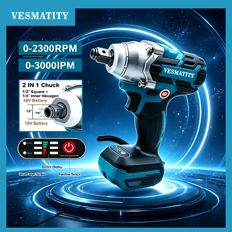 VESMATITY DTW600 Brushless Cordless Impact Wrench High Torque Rechargeable Auto Repair Power Tool for 18V 20V Battery Max Pro