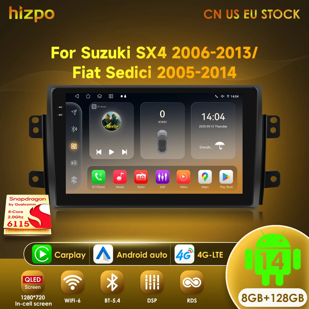 Hizpo Autoradio Android per Suzuki SX4 2006-2013 Fiat Sedici 2005-2014 Lettore video multimediale Navigazione 2din Carplay Stereo BT