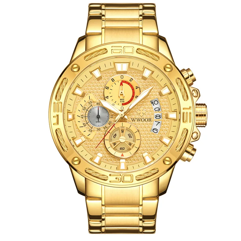 Fashion Men Watches Wwoor Top Brand Luxury Gold Full Stainless Steel Quartz Watch Waterproof Sport Chronograph Relogio Masculino