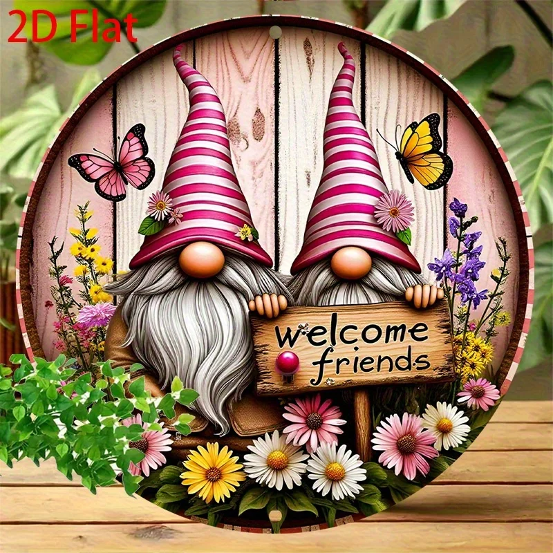 Metal Gnome Garden Sign - 2D Flat Rustic Iron Wall Art with Welcome Friends, Colorful Flowers & Butterflies, Durable Outdoor Dec
