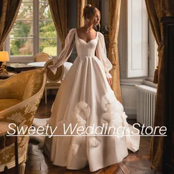 Charming Satin Wedding Dress Puff Sleeves V Neck Pleat Pearls Flowers Sweep Train Zipper Buttons Vestido De Noiva Bridal Gown