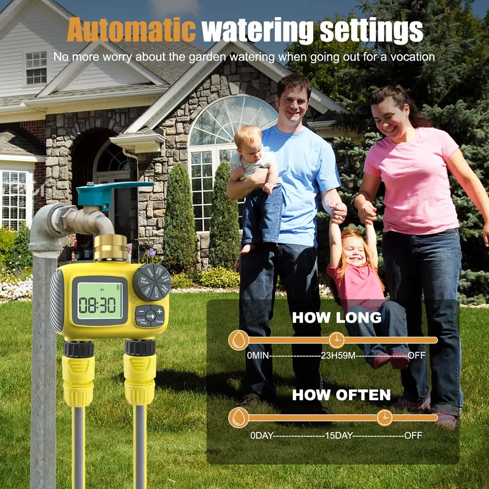 A78I LCD Display Garden Irrigation Timer Dual-Zone Water Timer Automatic Watering Control System Child Lock Rain Delay