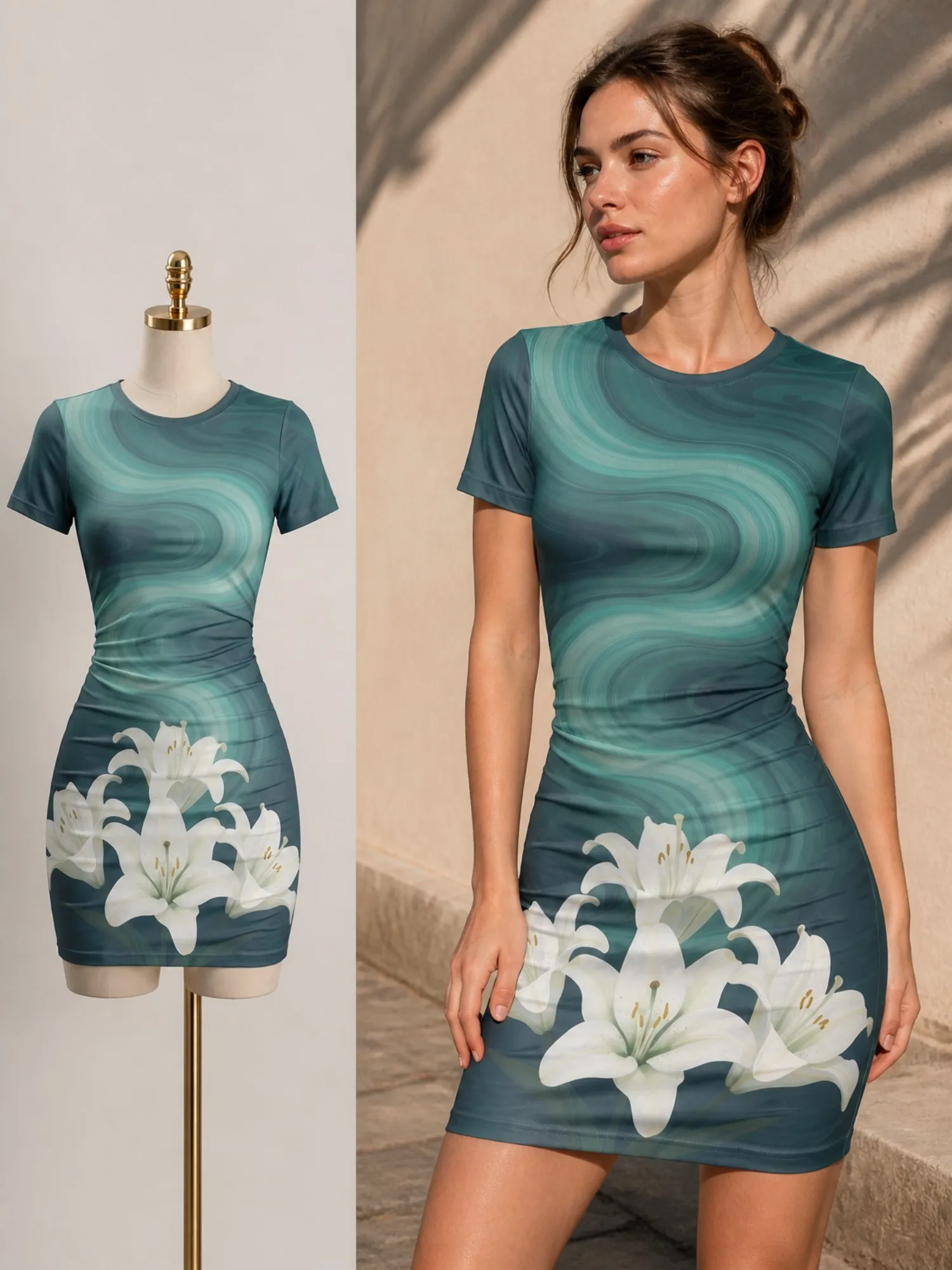 Womens Short Sleeve Bodycon Mini Dress Slim Fit Crew Neck Floral Print Casual Summer Party Cute Comfy Vacation Vacation Sundress