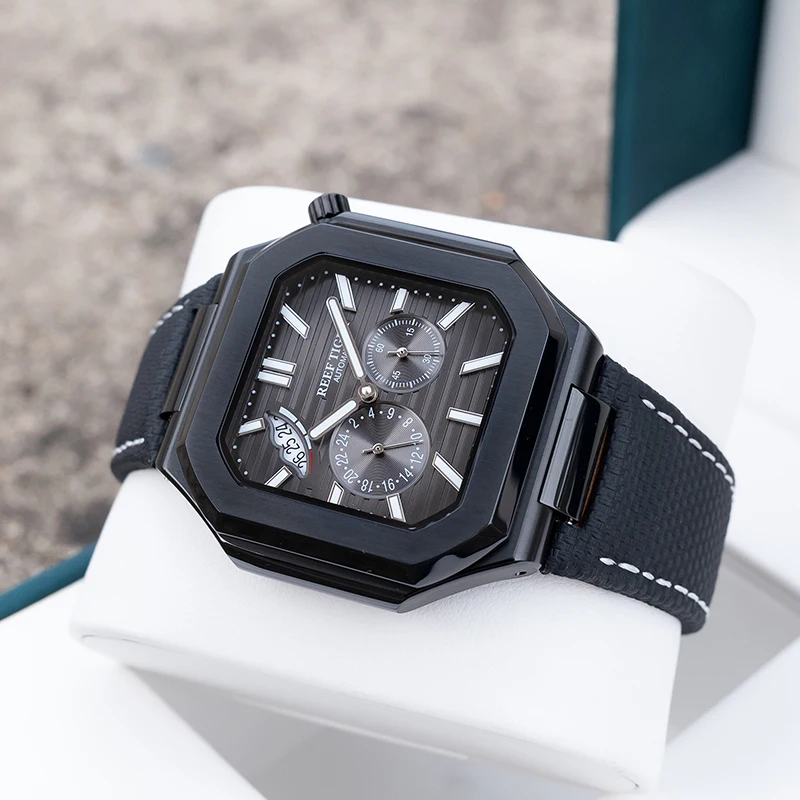 Reef Tiger Мужские автоматические часы 44 мм Квадратные механические наручные часы Водонепроницаемые светящиеся сапфировые часы с запасом хода Дата 24-часовой циферблат