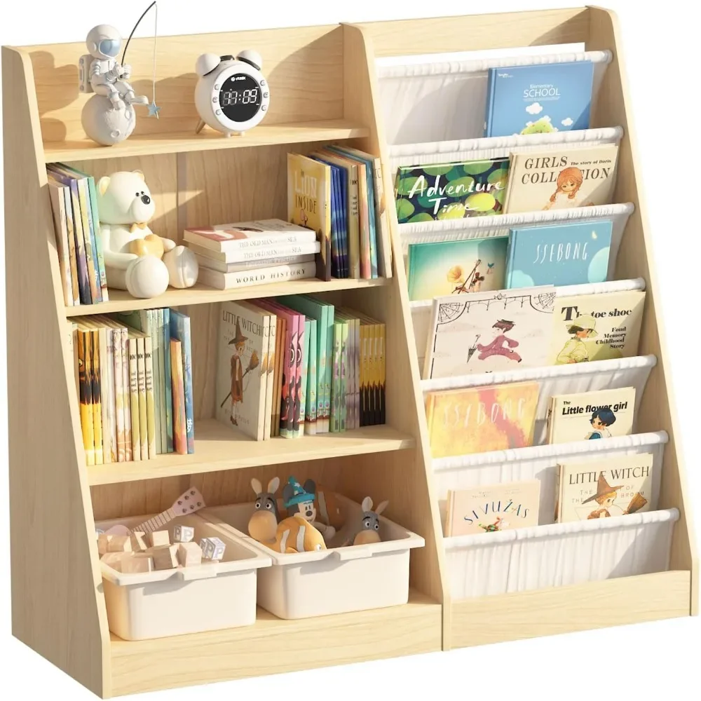 4 Tier Kids Bookshelf Baby Toddler Book Rack Children Bookcase Toy Storage Organizer with 6 Sling Adjustable Shelf for Nursery P