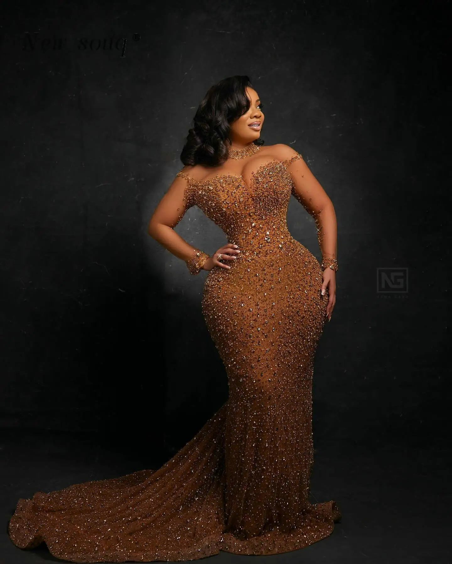 Sparkly Crystals Mermaid Prom Dresses Long Sleeves Aso Ebi Arabic African Evening Party Pageant Gowns Plus Size Customized