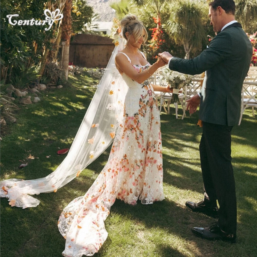 Robe de Mariée en Dentelle Brodée Colorée Style Boho, Sirène, Bretelles Spaghetti, Fleurs, Floral, Patients, Peu importe pour la Mariée, 2025