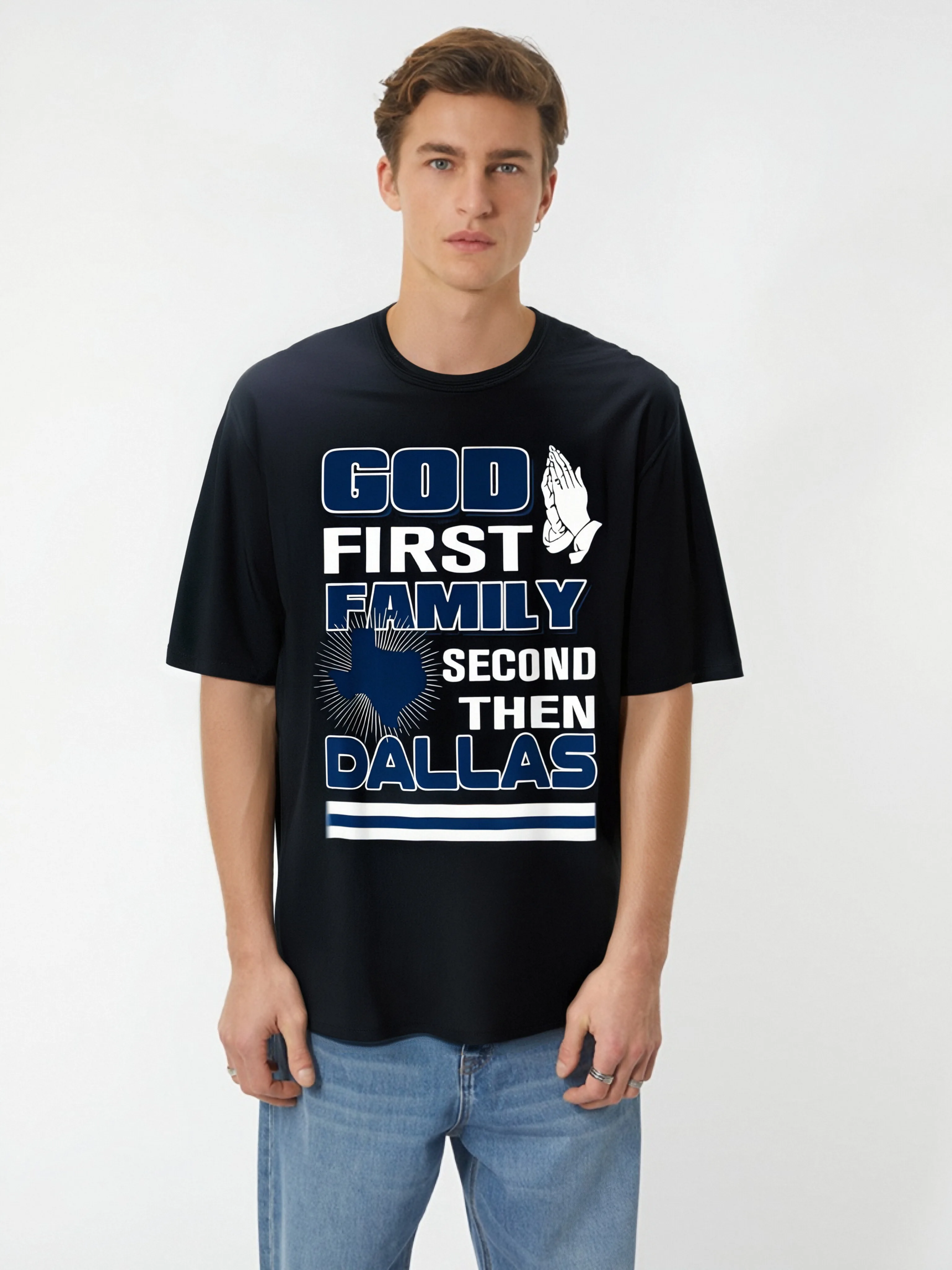 God First Family Second Then Dallas Western Cowboy T-shirt With Fancy Print, Casual Comfy Tee, Trendy Short Sleeve Top For Su