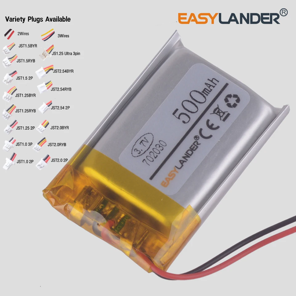 JST1.25 2p JST2.0 2P 3.7V 500mAh 702030 Rechargeable Lithium li