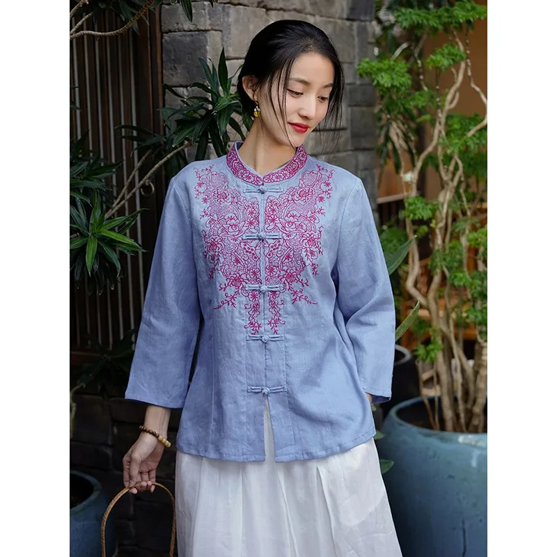 2024 New Arrival Spring Women Loose O-neck Floral Embroidery Blouse All-matched Casual Cotton Linen Single Breasted Shirts Y21